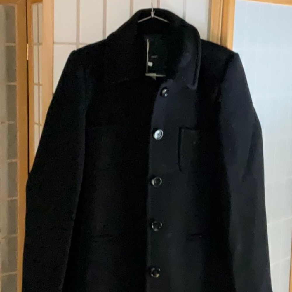 Brand new black single breasted wool pea coat, button closure, 2 patch pockets